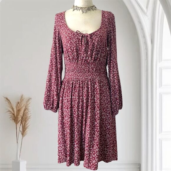 American Eagle Outfitters Dresses & Skirts - American Eagle Outfitters Boho Whimsical Burgundy Red Floral Babydoll Dress M